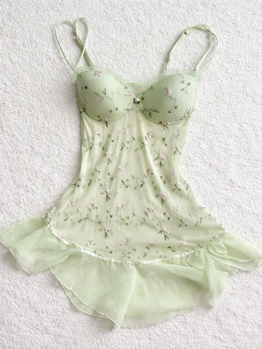 Vintage Light Green Floral Embroidered Slip Dress